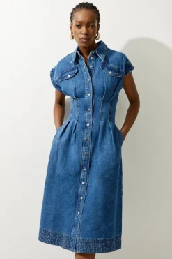 Denim Button Through Darted Waist Maxi Shirt Dress