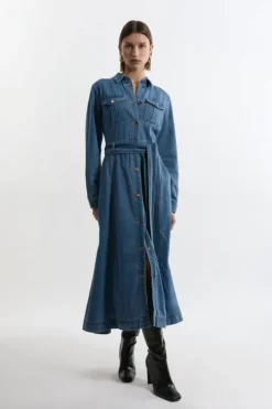 Denim Collared Belted Maxi Dress