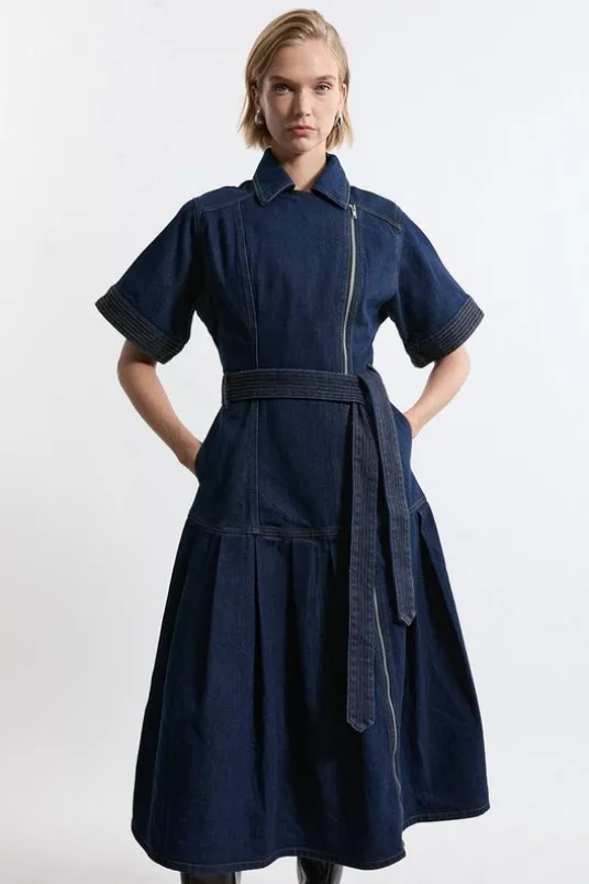 Denim Pleated Hem Biker Dress