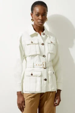 Denim Pocket Detail Belted Safari Jacket