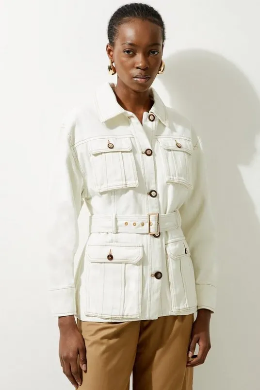 Denim Pocket Detail Belted Safari Jacket