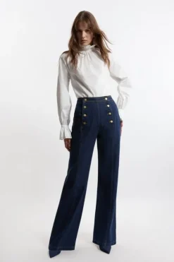 Denim Tailored Button Front Straight Leg Jeans