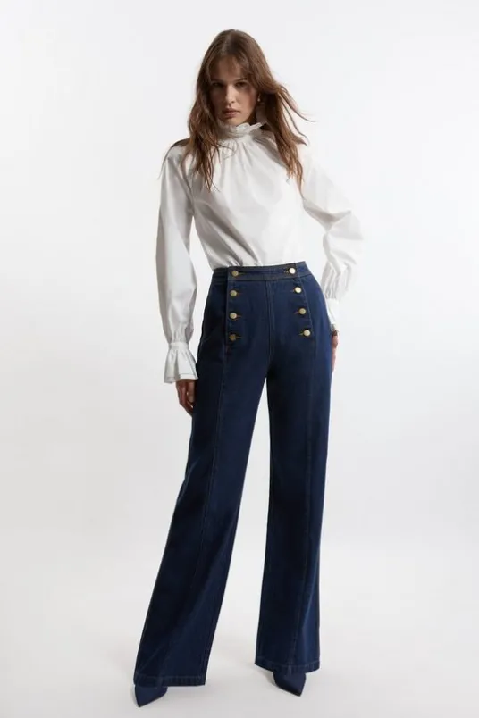 Denim Tailored Button Front Straight Leg Jeans