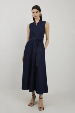 Denim Tailored Notch Neck Belted Fluid Midi Dress