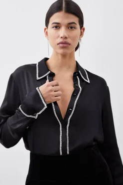 Diamante Trim Viscose Woven Satin Shirt