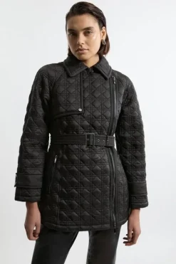 Diamond Quilted Belted Short Puffer Trench Jacket