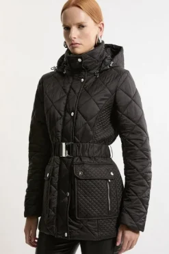 Diamond Quilted Belted Short Padded Coat