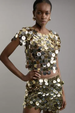 Disc Sequin Cap Sleeve Crop Top