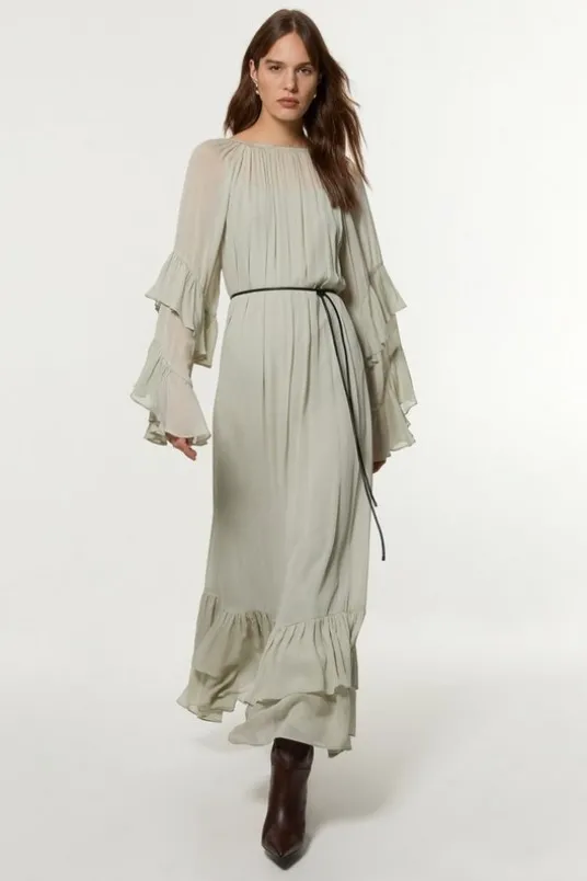 Drama Kimono Viscose Georgette Woven Maxi Dress With PU Belt