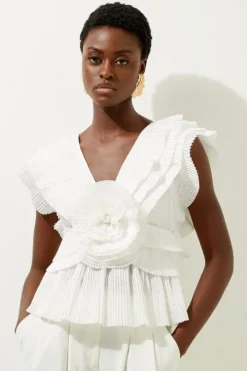 Drama Pleat Ruffle Rosette Woven Top