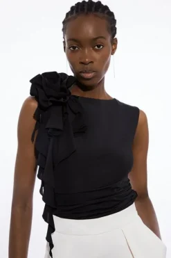 Dramatic Rosette Slinky Jersey Top