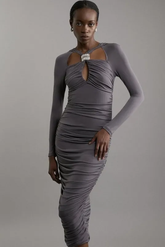 Drapey Crape Crystal Embellished Maxi Dress