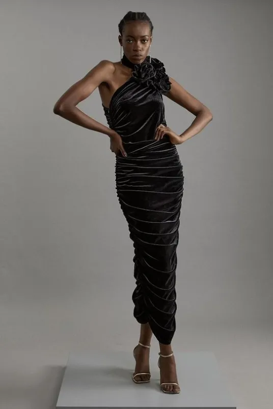 Drapey Ruched Jersey Velvet Rosette Midi Dress