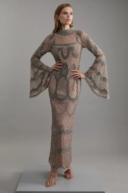 Embellished And Beaded Long Sleeve Woven Maxi Dress