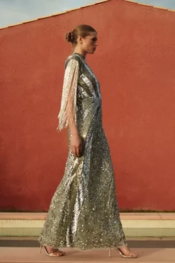 Embellished Beaded Cap Sleeve Woven Maxi Dress