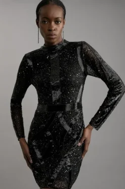 Embellished Beaded High Neck Woven Mini Dress