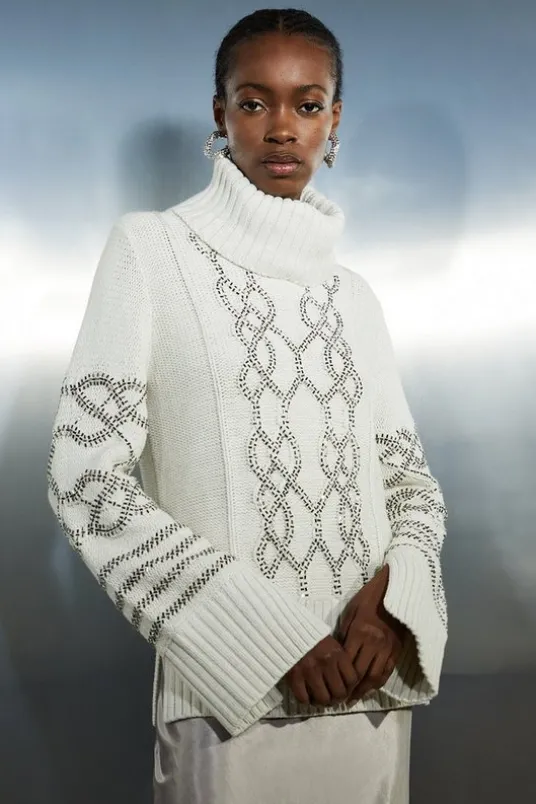 Embellished Cable Knit Sweater