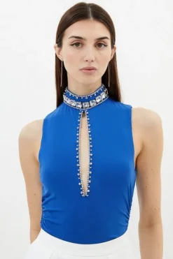 Embellished Detail Drapey Crepe Jersey Bodysuit