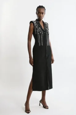 Embellished Detail Plunge Collared Woven Maxi Dress