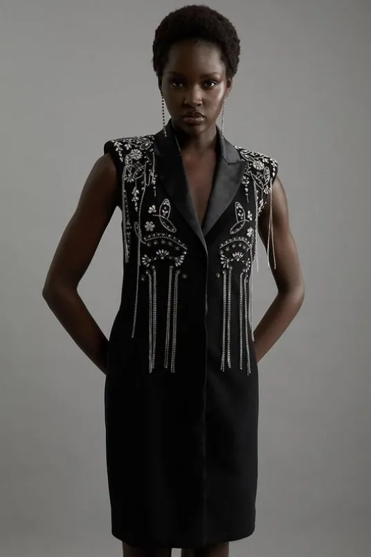 Embellished Detail Plunge Collar Woven Mini Dress