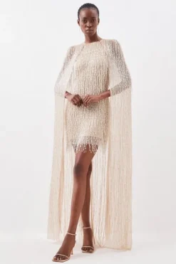 Embellished Fringe Caped Woven Mini Dress