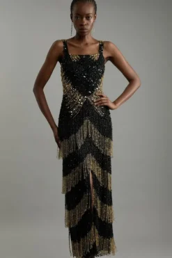 Embellished Mirrored Fringe Strappy Maxi Dress