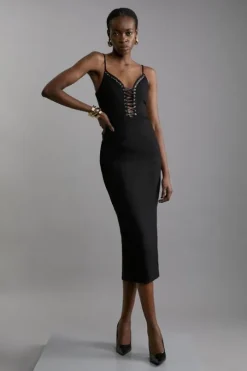 Eyelet Detail Lace Up Ponte Jersey Midi Dress