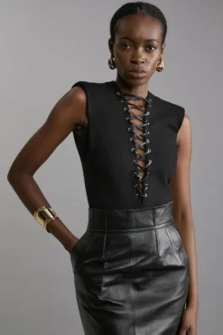 Eyelet Detail Lace Up Ponte Jersey Bodysuit