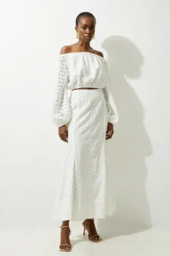 Eyelet Godet Woven Midi Skirt