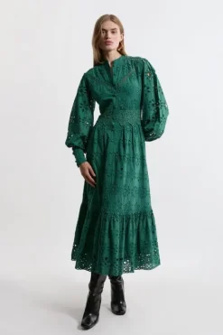 Eyelet Woven Midi Shirt Dress With Guipure Trim
