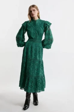 Eyelet Woven Midi Skirt With Guipure Trim