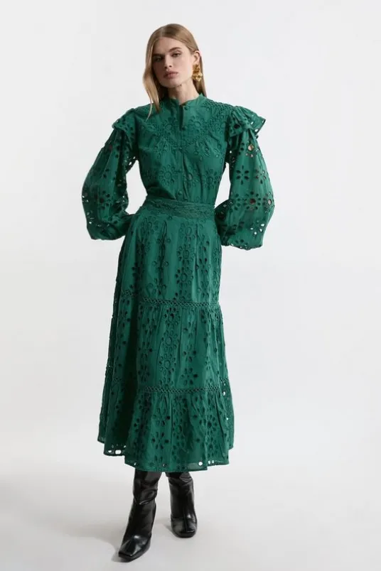 Eyelet Woven Midi Skirt With Guipure Trim