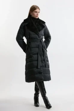 Faux Fur Lined Belted Longline Puffer Coat