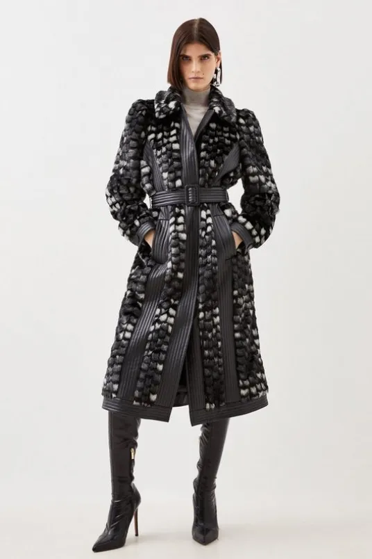 Faux Fur Pu Panelled Abstract Belted Coat