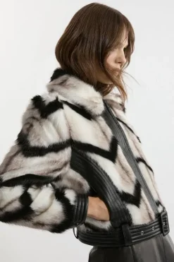 Faux Fur Pu Panelled Stripe Belted Cropped Jacket