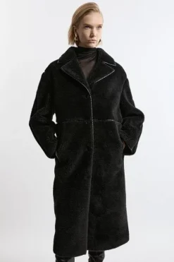 Faux Fur Pu Trim Longline Coat
