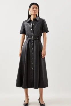 Faux Leather Belted Midi Shirt Dress