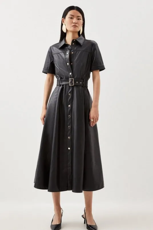 Faux Leather Belted Midi Shirt Dress