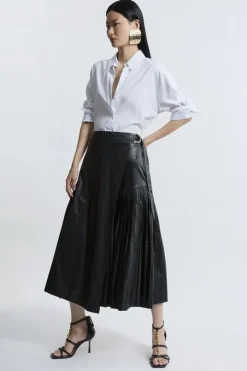 Faux Leather Pleated Panel Midi Skirt