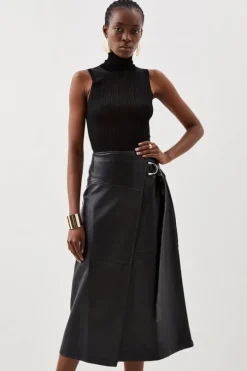 Faux Leather Tie Detail Wrap Midi Skirt