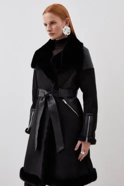 Faux Shearling Biker Longline Belted Coat