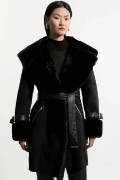 Faux Shearling Collar & Cuff Belted Short Coat