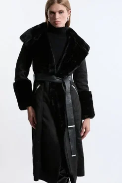 Faux Shearling Collar & Cuff Belted Midi Coat