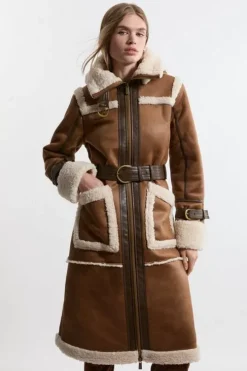 Faux Shearling Contrast Trim Hooded Midi Coat