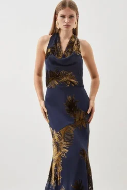 Feather Devore Halter Neck Woven Midi Dress