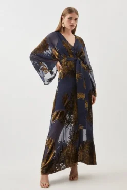 Feather Devore Woven Kimono Maxi Dress