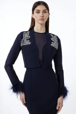 Figure Form Bandage Embellished Feather Cuff Crop Knit Jacket