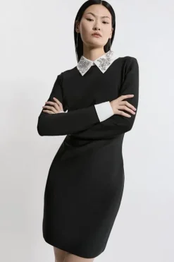 Figure Form Bandage Embellished Collar Knit Mini Dress