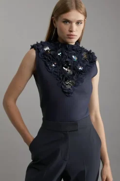 Figure Form Bandage Embellished Neck Knit Top