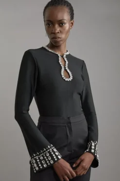 Figure Form Bandage Embellished Keyhole Knit Top